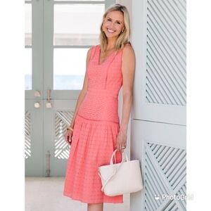 DRAPER JAMES Eyelet Midi Dress 100% Cotton Coral Pink V-Neck Size 14